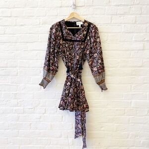 Cleobella || Trista Mini Dress Belted Puff Sleeve Tassels XS